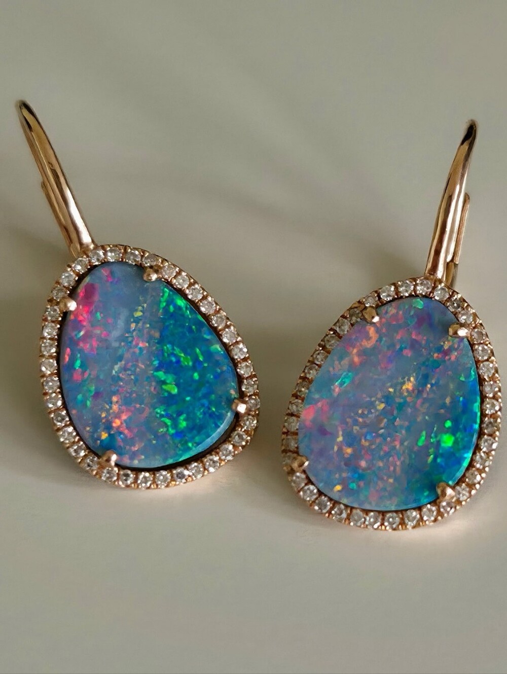 $2,500 14kt Rose Gold Opal Diamond Leverback Drop Earrings